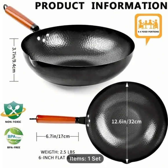 Black Hammered Wok Set with Wooden Handle - Picture 2 of 8